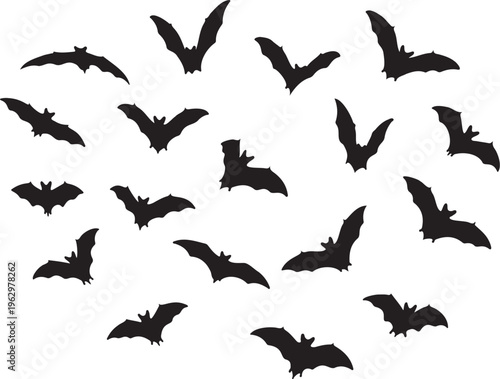Black bat silhouettes collection, flying bats vector set for Halloween decor, spooky nocturnal animal icons on white background