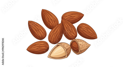 Nutritious raw almonds, whole in textured brown shells and some revealing creamy kernels.