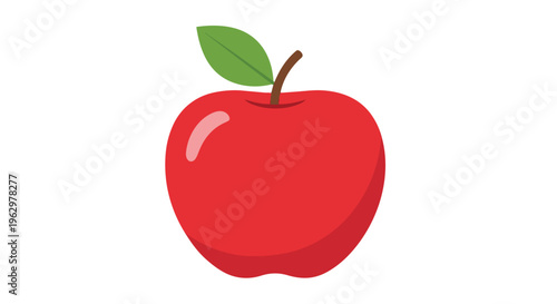 A single, vibrant red apple illustration, featuring a crisp green leaf and slender brown stem, perfectly representing healthy lifestyle choices and