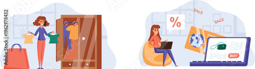 Women shopping both in-store and online for discounted clothing and accessories during sales events