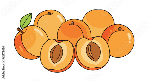 Vibrant collection of cartoon-style summer stone fruits, showcasing whole and halved juicy peaches