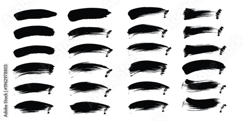 A collection of 28 black eyebrow shapes and designs on a white background