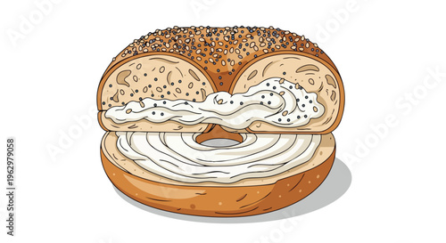 Artistic depiction of a freshly sliced everything bagel generously slathered with rich cream cheese