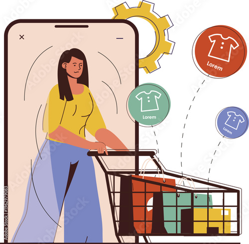 Woman using shopping app while pushing cart filled with colorful clothing bags and browsing virtual t-shirt options