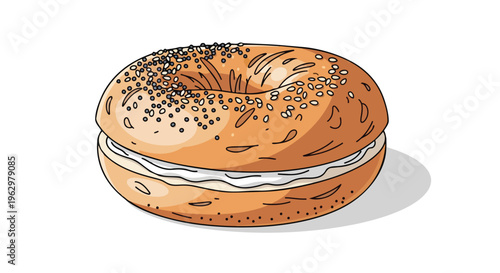 An artistic rendering of a delectable golden-brown bagel, split, overflowing with smooth white cream cheese, topped with an array of seeds, a
