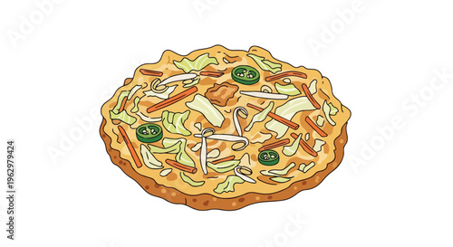 Vibrant Hand-Drawn Savory Pancake with Assorted Fresh Vegetables and Chili Accents