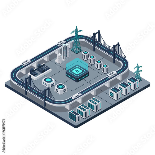 An isometric illustration depicting a futuristic smart city infrastructure powered by artificial intelligence, showcasing automated transport, energy grids, and data processing.