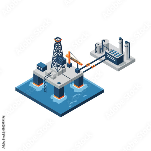 Isometric illustration of an offshore oil rig and processing facility connected by pipelines, representing the oil and gas industry.