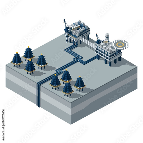 Isometric illustration of an offshore oil and gas platform with pipelines connecting to onshore facilities and stylized evergreen trees.