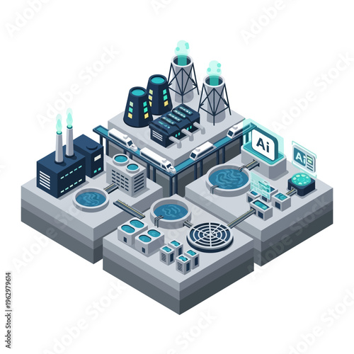 Isometric illustration of a futuristic smart factory with AI integration, showcasing advanced industrial processes and automation.