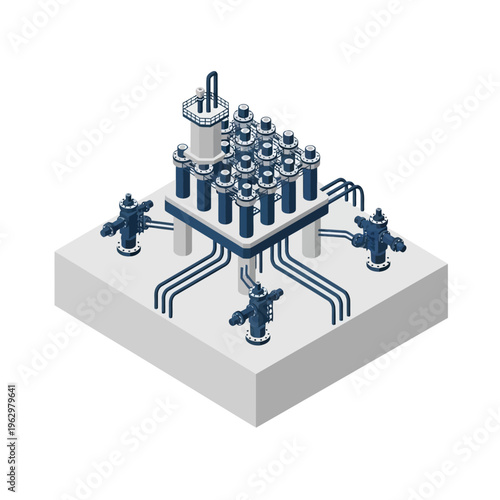 Isometric illustration of a futuristic industrial complex with multiple towers and connecting pipelines on a white background.