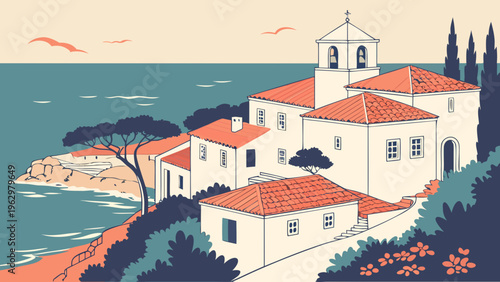Minimal Mediterranean Coastal Village White Houses Flat Vector Illustration