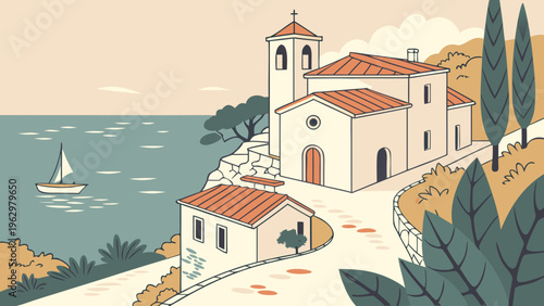 Minimal Mediterranean Coastal Village White Houses Flat Vector Illustration