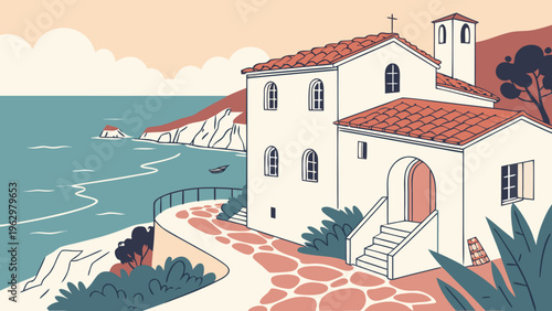 Minimal Mediterranean Coastal Village White Houses Flat Vector Illustration