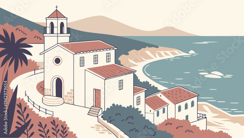 Minimal Mediterranean Coastal Village White Houses Flat Vector Illustration