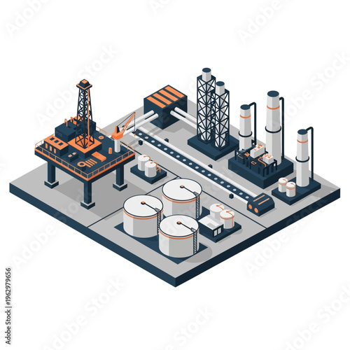 Isometric illustration of an oil and gas extraction and refining facility, showcasing drilling rig, storage tanks, and processing units.
