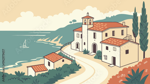 Minimal Mediterranean Coastal Village White Houses Flat Vector Illustration