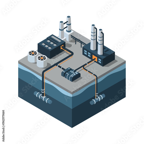 Isometric illustration of a geothermal power plant with underground infrastructure and surface facilities.