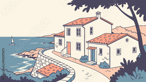 Minimal Mediterranean Coastal Village White Houses Flat Vector Illustration