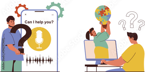 Two people seeking help through technology with a focus on voice and visual communication tools