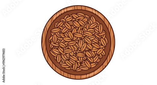 Wholesome oat grains in a rustic wooden bowl, an overhead illustration for breakfast concepts