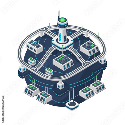 Futuristic circular city infrastructure with interconnected buildings and a central tower, representing advanced technology and urban planning.