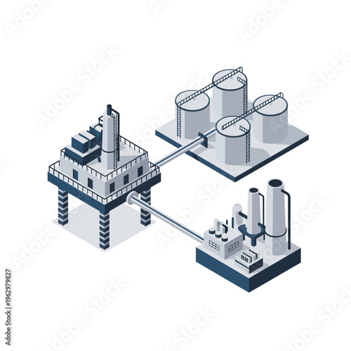 Isometric illustration of an offshore oil rig connected to storage tanks and a processing facility, representing the oil and gas industry infrastructure.