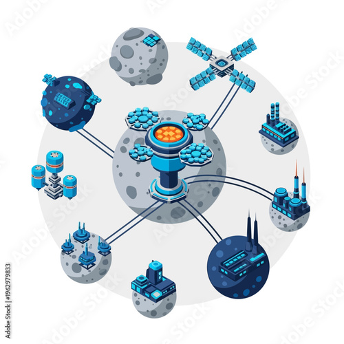 An intricate illustration depicting a futuristic space colony network centered around a moon base, with various interconnected modules and facilities.