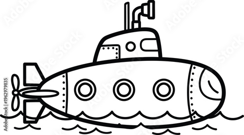 Color page of submarine isolated on transparent background for kids
