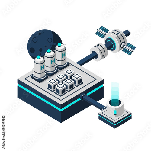 Futuristic space station with hydrogen fuel cells, lunar module, and advanced technology, representing space exploration and energy production.