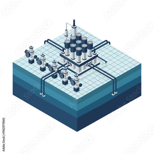Isometric illustration of an oil and gas wellhead manifold system, showcasing subsurface layers and surface infrastructure.
