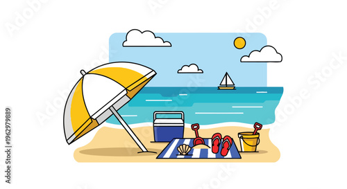 Sunny beach day vector art shows an umbrella, cooler, towel, flip-flops, sand toys, and sailboat on calm blue ocean under a bright, clear sky.