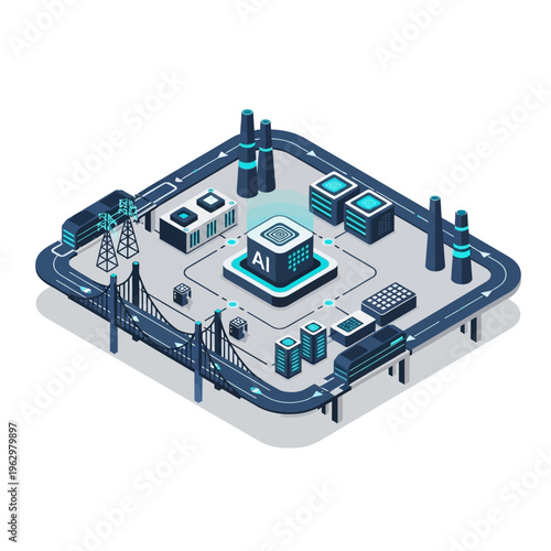 Isometric illustration of an advanced AI-powered smart city infrastructure with futuristic technology and industrial elements.