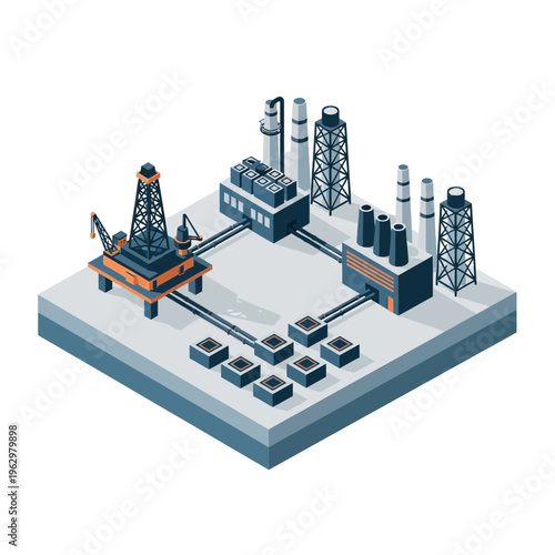 Isometric illustration of an offshore oil rig connected to a processing plant and storage facilities, depicting the oil and gas industry infrastructure.