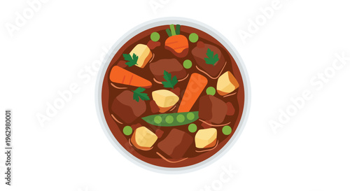A delicious and comforting flat-style illustration of a hearty stew, brimming with tender beef, wholesome potatoes, vibrant carrots, and fresh green