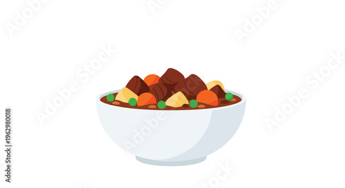 Stylized illustration of beef stew with tender meat, bright carrots, golden potatoes, sweet peas, and savory brown gravy in a white bowl, ideal for