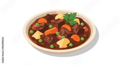 A comforting classic beef stew illustration with tender meat, bright carrots, green peas, and soft potatoes in a rich savory gravy offering