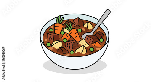 Hearty beef and vegetable stew in a bowl with a spoon, a comforting meal illustration. This simple, appealing cartoon drawing is suitable for