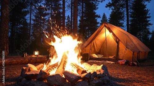 Camping Adventure - A Cozy Night Under the Stars with a Campfire.