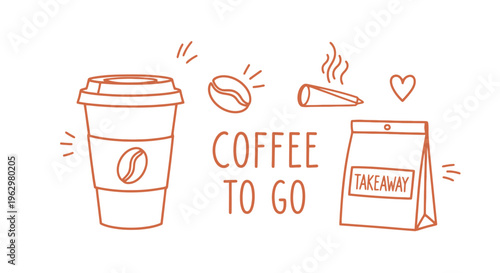 Outline illustration of coffee to go and takeaway concept featuring a disposable cup, coffee bean, and bag for quick convenience