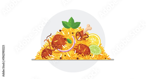 Stylized illustration of fragrant Indian biryani, a delicious rice dish with seasoned chicken, fresh mint, zesty lemon, crispy fried onions,
