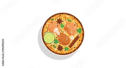 Exquisitely plated aromatic chicken and rice dish featuring fragrant spices, fresh lime, and herbs in a top-down vibrant culinary illustration.