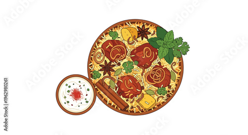 Vibrant illustration of delectable biryani, featuring fragrant rice, tender meat, aromatic spices and fresh herbs, served with a refreshing creamy