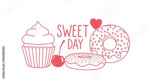 Charming Vector Outline Illustration of Sweet Desserts with 'Sweet Day' Text and Heart, Perfect for Celebrations and Invitations