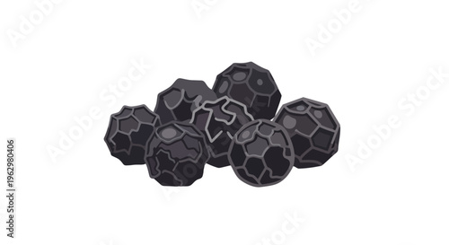 A carefully arranged pile of distinct dark black textured spheres resembling peppercorns or fragmented minerals, prominently presented on a starkly