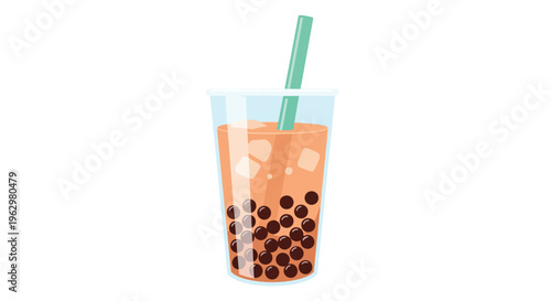 Vibrant vector illustration of bubble milk tea with dark tapioca pearls, ice, and green straw in a clear plastic cup. Isolated on white, perfect for