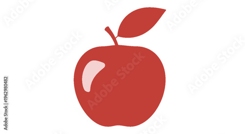 A vibrant red apple with a single leaf attached to its stem is depicted in a simple yet visually appealing graphic design element here
