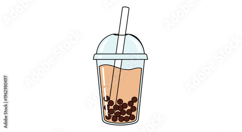 Modern vector illustration of refreshing bubble tea with tapioca pearls in a clear cup with a straw