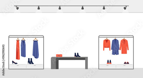 Modern Fashion Boutique Interior with Clothing Racks and Designer Apparel - Minimalist Retail Store Showroom Flat Vector Illustration