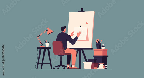 Male Artist Painting on Canvas in Creative Studio Workspace, Flat Vector Illustration of a Painter at Work